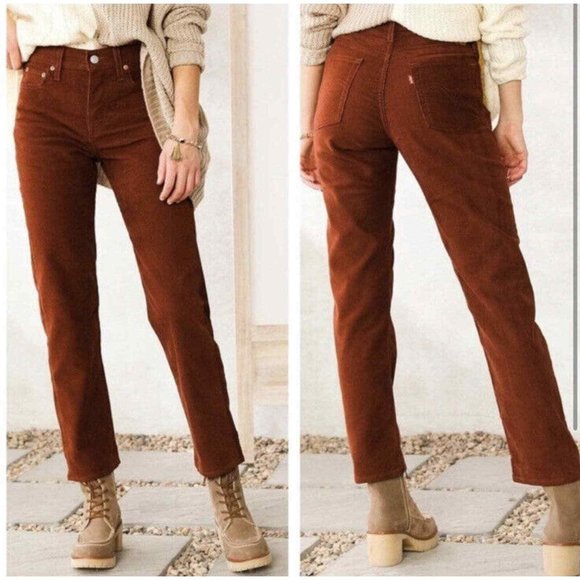 Levis Premuim Denim Wedgie Straight High Rise Corduroy Pant Mahogany Sz 24 - Picture 1 of 12
